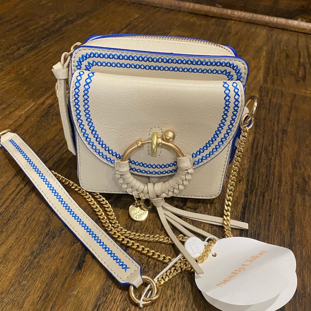 See By Chloe Joan Crossbody Camera Bag - Cement Beige w/Blue Stitching